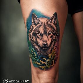 Tattoo Wilk w kolorze na udzie 🐺✨ on the thigh motif: colorful style: realistic