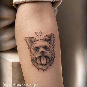 Tattoo Yorkie Dog in Fine Line On the arm motif: animals style: dotwork