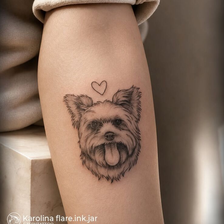 Tattoo Yorkie Dog in Fine Line in black and gray motif and graphic / illustrative style On the arm