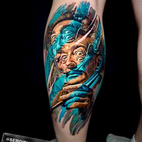 Tattoo Salvador Dali on the leg motif: characters style: optical illusion