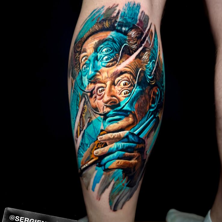 Tattoo Salvador Dali in faces motif and optical illusion style on the calf