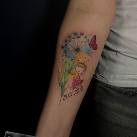 Tattoo Dmuchawiec i dziewczynka on the forearm motif: butterflies style: Watercolor