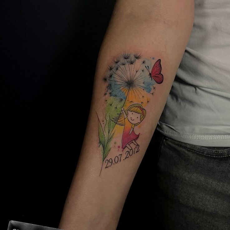 Tattoo Dmuchawiec i dziewczynka in butterflies motif and graphic / illustrative style On the arm