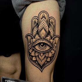 Tattoo Hamsa on the leg motif: religious style: graphic / illustrative