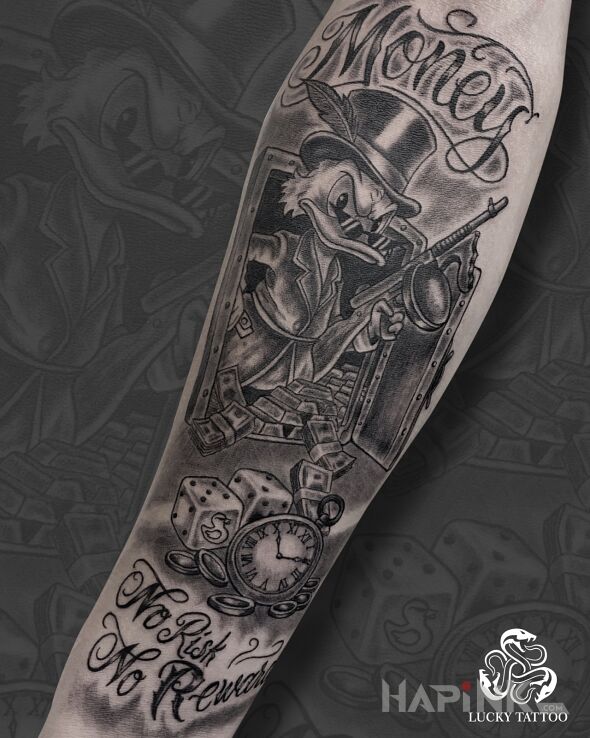 Tattoo Scrooge McDuck "Money" in characters motif and cartoon / comic book style On the arm