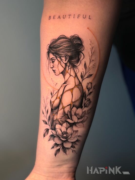 Tattoo Symbol przemiany in lettering motif and graphic / illustrative style on the forearm