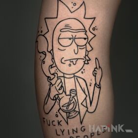 Tattoo Typical Rick on the leg motif: characters style: contour / linework