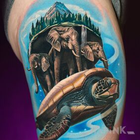 Tattoo Pratchett's Discworld, on the thigh motif: fantasy style: realistic
