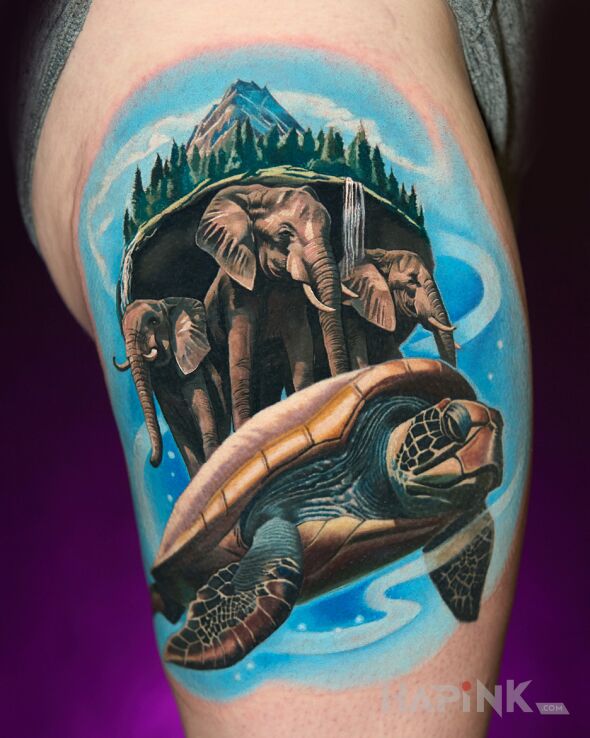 Tattoo Pratchett's Discworld, in animals motif and surrealistic style on the leg