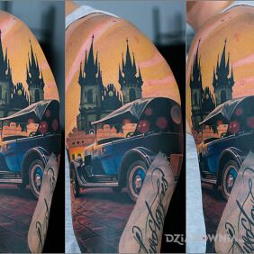 Tatuaż Stare auto na ramieniu motyw: 3D styl: realistyczne