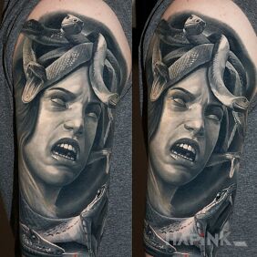 Tattoo Medusa On the arm motif: dark style: realistic
