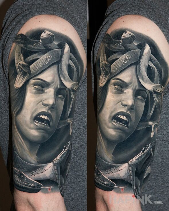Tattoo Medusa in faces motif and realistic style On the arm