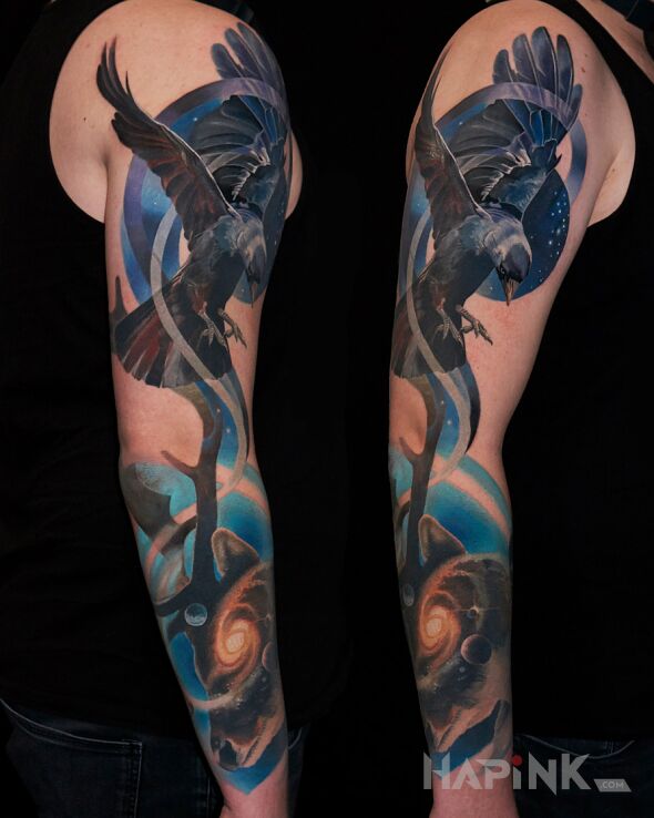 Tattoo Deer and Raven in fantasy motif and surrealistic style On the arm