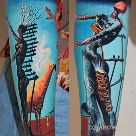 Tatuaż Płonąca  Żyrafa Dalego na ręce motyw: fantasy styl: surrealistyczne