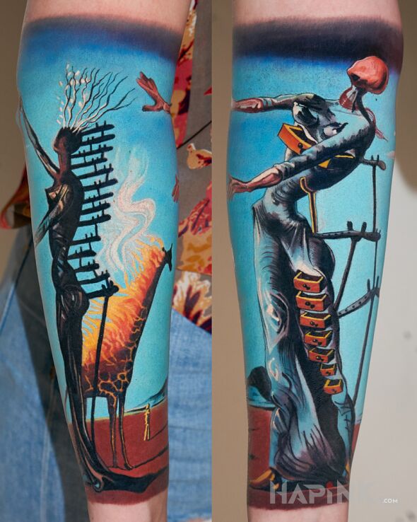 Tattoo Płonąca  Żyrafa Dalego in fantasy motif and surrealistic style On the arm