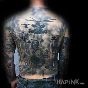 Tattoo War on the back motif: 3D style: realistic