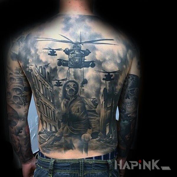 Tattoo Wojna in war motif and realistic style on the back