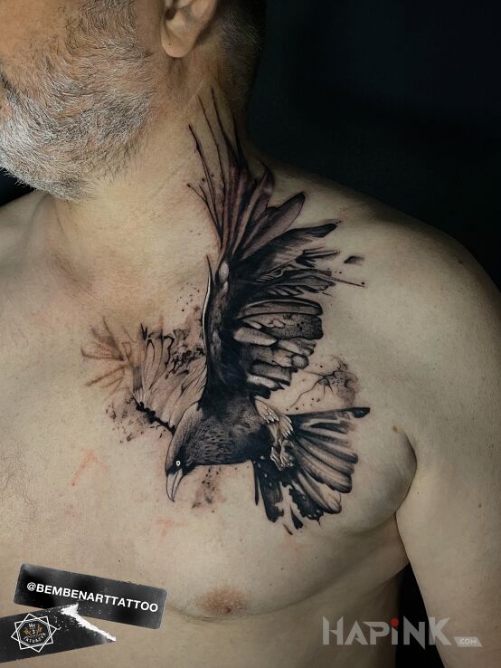 Tattoo Raven in animals motif and graphic / illustrative style on the chest