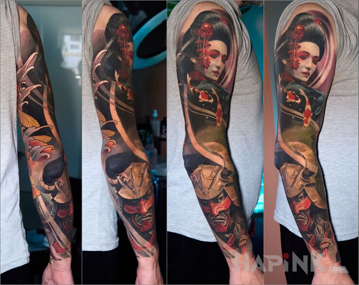Tattoo Rękaw o tematyce japońskiej in faces motif and realistic style On the arm
