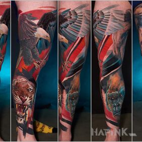 Tattoo Animal-themed leg sleeve on the tibia motif: 3D style: realistic