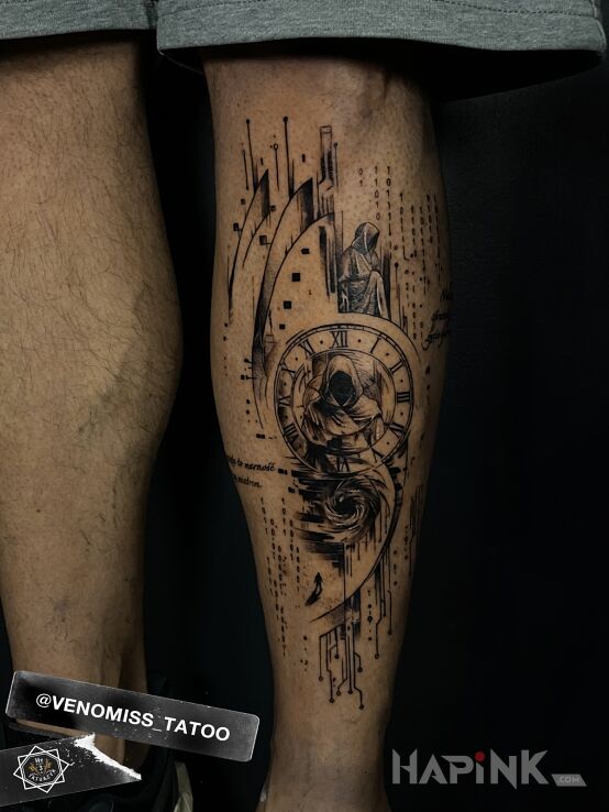 Tattoo Assassin in dark motif and graphic / illustrative style on the tibia