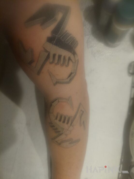 Tattoo Dwa skorpiony in zodiac signs motif and graphic / illustrative style On the arm