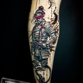 Tattoo Oślepiony samuraj on the leg motif: black and gray style: graphic / illustrative