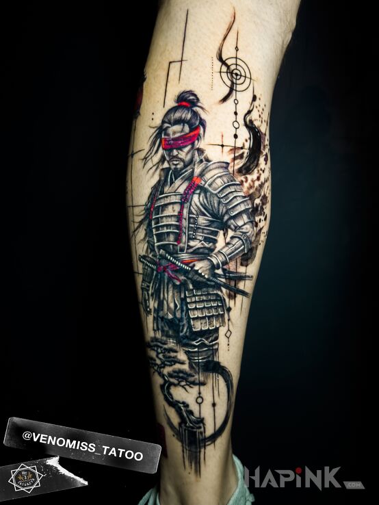 Tattoo Blinded Samurai in characters motif and graphic / illustrative style on the leg