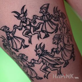 Tattoo Witches' Sabbath / Danse Macabre on the leg motif: dark style: engravings / gravure