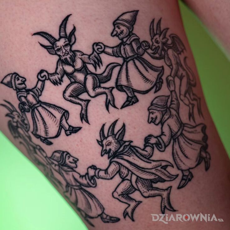 Tatuaż Sabat czarownic / Danse Macabre w motywie postacie i stylu rzeźbione drewno na nodze