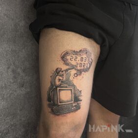 Tattoo Ku pamięci dziadkowi on the thigh motif: objects style: graphic / illustrative