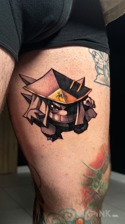 Tattoo Gengar Hokage in characters motif and newschool style on the thigh