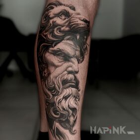 Tattoo Ancient Hercules Tattoo Toruń on the calf motif: characters style: realistic
