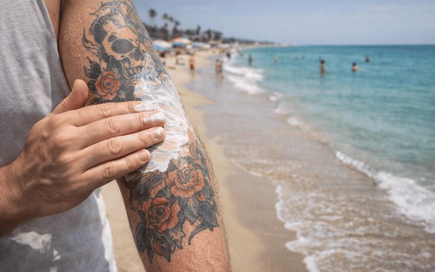 smarowanie tatuażu kremem na plaży