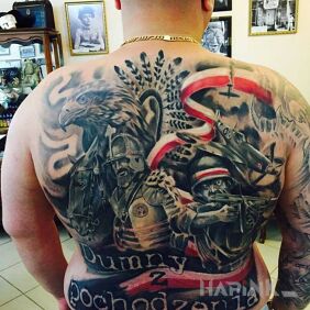 Tattoo Pole forever on the back motif: lettering style: realistic