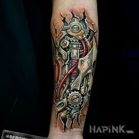Tattoo Metal in hand - biomechanical on the forearm motif: colorful style: realistic