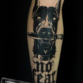 Tattoo Doberman on the tibia motif: animals style: graphic / illustrative