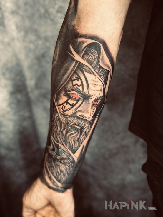 Tattoo Viking with a raven in characters motif and Celtic / Nordic style On the arm