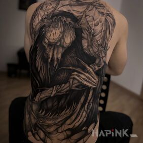 Tattoo Leszy on the shoulder blades motif: demons style: graphic / illustrative