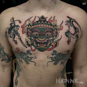 Tattoo Traditional Japanese demon head on the chest motif: animals style: japanese / irezumi