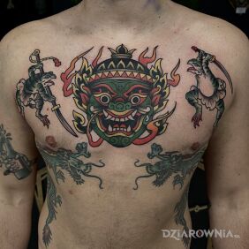 Tatuaż Tradycyjna głowa japońskiego demona na klatce motyw: zwierzęta styl: japońskie / irezumi