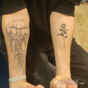 Tattoo Leshy and Rose On the arm motif: demons style: graphic / illustrative