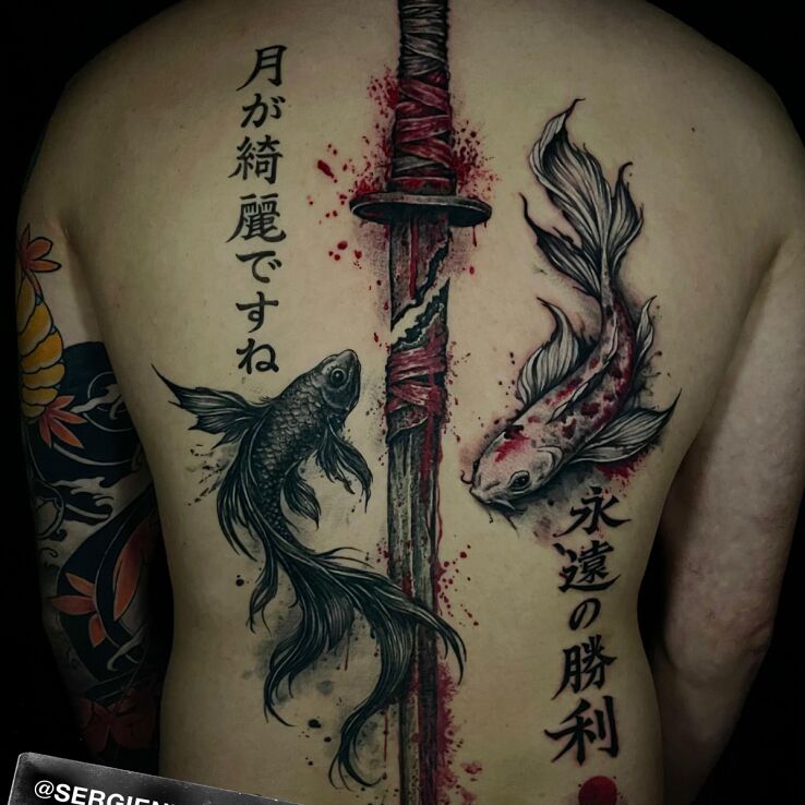 Tattoo Ryby i miecz in colorful motif and realistic style on the back