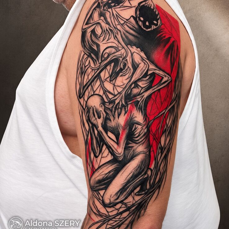 Tattoo Surrounded by Fear in colorful motif and trash polka style on the upper arm
