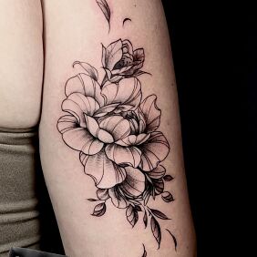 Tattoo Peony on the upper arm motif: flowers style: graphic / illustrative