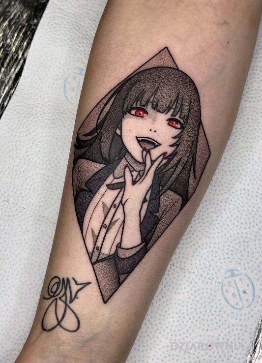 Tatuaż Anime dziewczyna z czerwonymi oczami w motywie czarno-szare i stylu graficzne / ilustracyjne na ręce