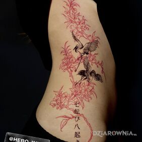 Tatuaż Bociany na żebrach motyw: kwiaty styl: kontury / linework