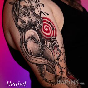 Tattoo Healed girl from the Carnival of the Rust music video On the arm motif: science fiction style: graphic / illustrative