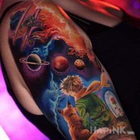 Tattoo The Little Prince with the Fox and the Cosmos Above Them On the arm motif: cosmos style: surrealistic