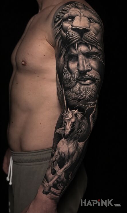 Tattoo Warrior in a lion's skin, Hercules and Pegasus — black & grey in black and gray motif and realistic style On the arm